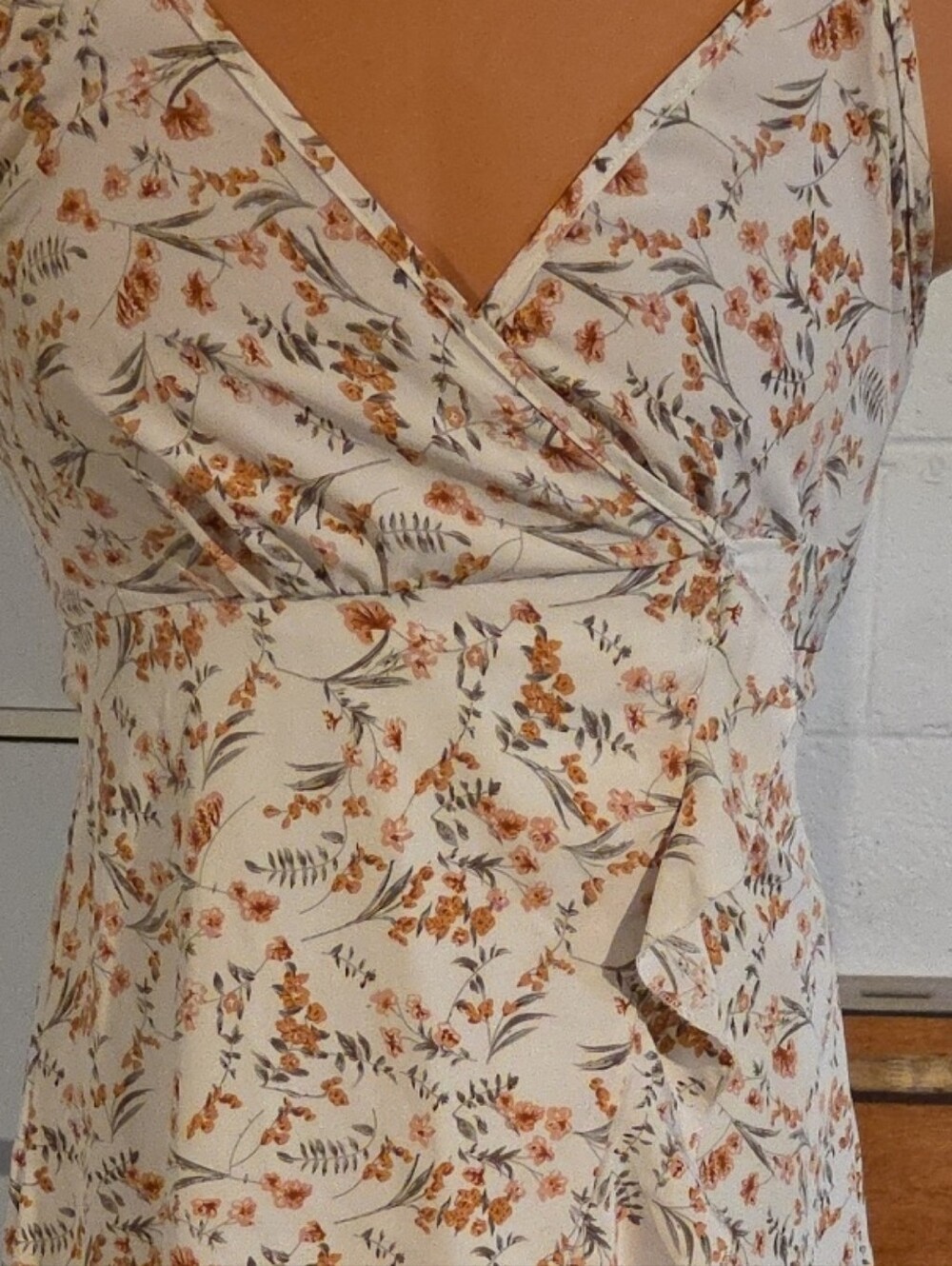 Floral Wrap Midi Dress in Cream with Rust Accent